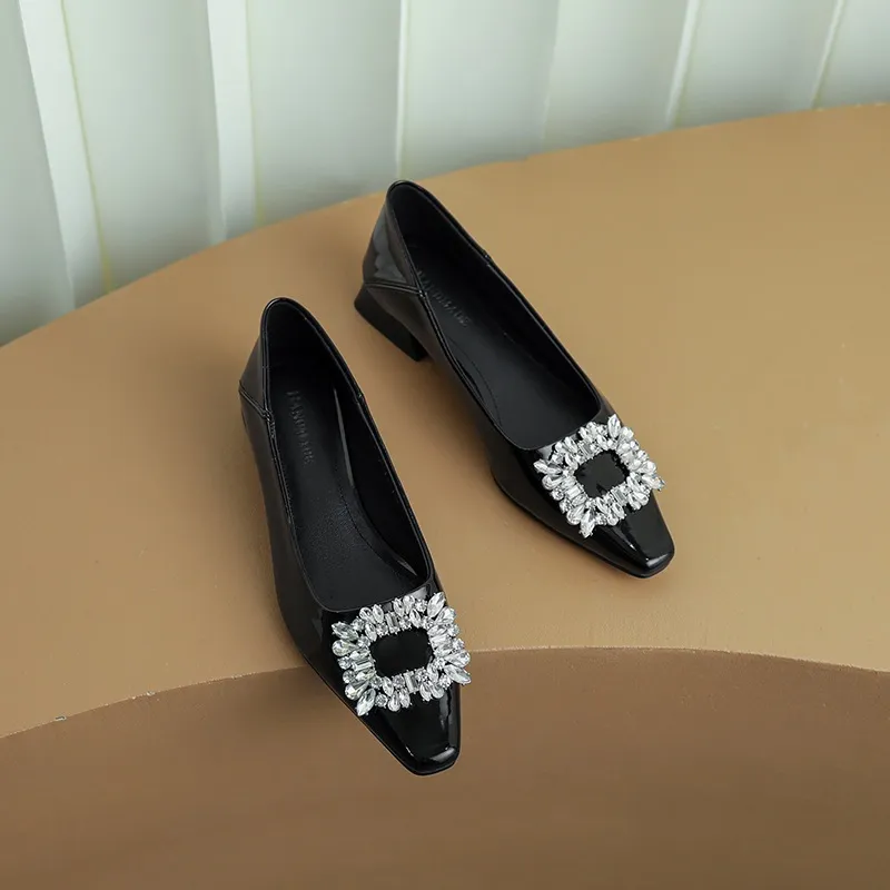 Fashionable Spring Square Toe Low-Cut Slip-On Women's Shoes with Rhinestone Buckle and Chunky Heel - Black patent leather 34