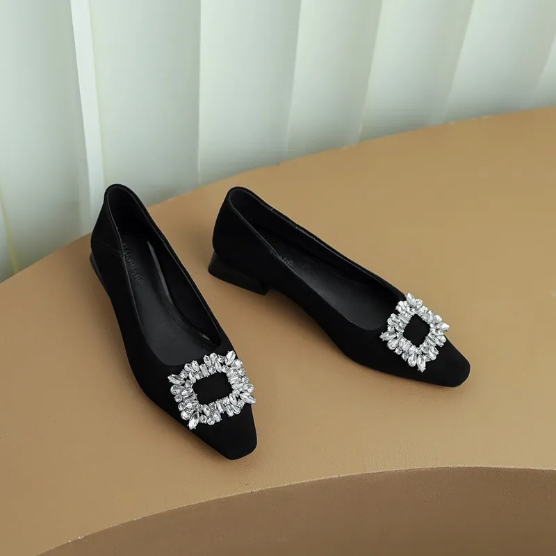 Fashionable Spring Square Toe Low-Cut Slip-On Women's Shoes with Rhinestone Buckle and Chunky Heel - Black Sheep Reversal 34