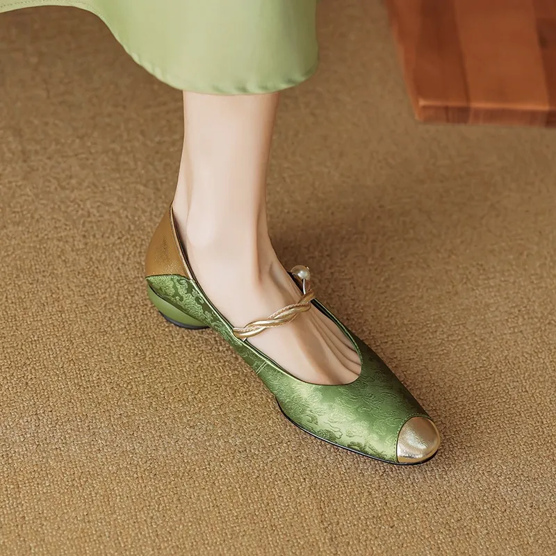 Chinese style fashionable single-strap spring chunky heel mid-heel round toe cowhide low-cut color-block fashion women's shoes - Green 34