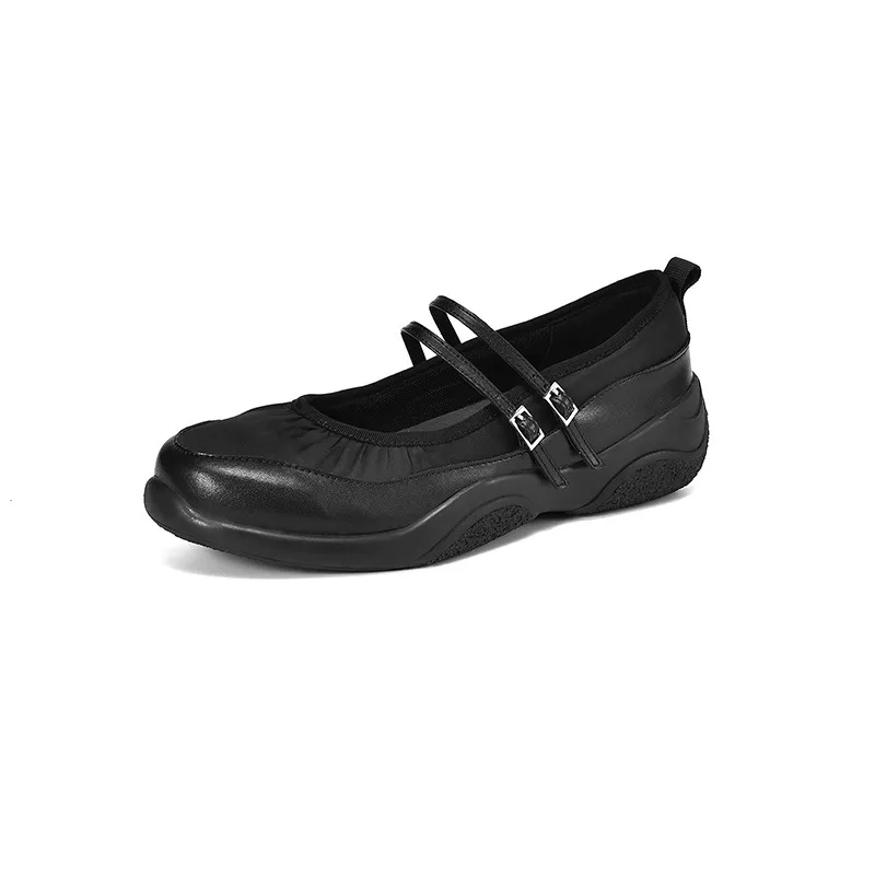 Comfortable sporty platform double-breasted Mary Jane shoes for spring and autumn, low-heeled, flat, round-toe, black and silver genuine leather.