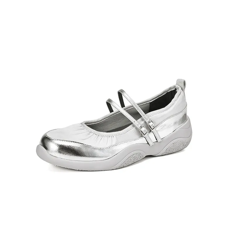Comfortable sporty platform double-breasted Mary Jane shoes for spring and autumn, low-heeled, flat, round-toe, black and silver genuine leather. - Silver 34