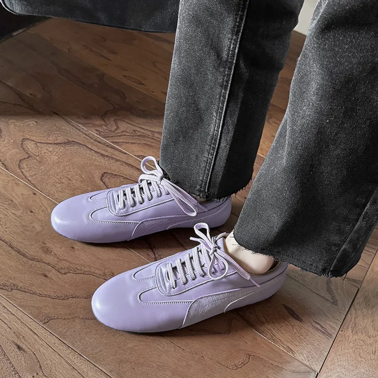 Spring round-toe lace-up flats, sheepskin fashion shoes, women's sheepskin shoes, white, pink, purple, 11-9c - Purple 34