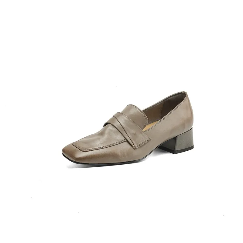 Spring square-toe chunky heel slip-on single shoes, comfortable solid color cowhide women's shoes, black, brown, gray - Gray 34