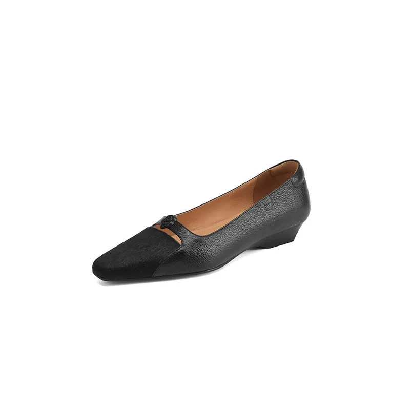 Spring/Summer Wedge Heel Square Toe Low-Cut Sheepskin Fashionable Classic Women's Shoes in Black and Brown - Black 34