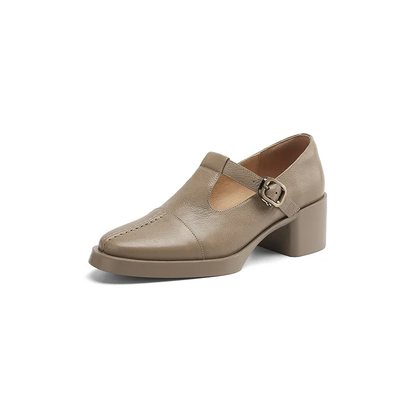 Spring/Summer Women's Round Toe Chunky Heel High Heel Buckle Shoes Comfortable and Soft Sheepskin Women's Shoes - Gray 34