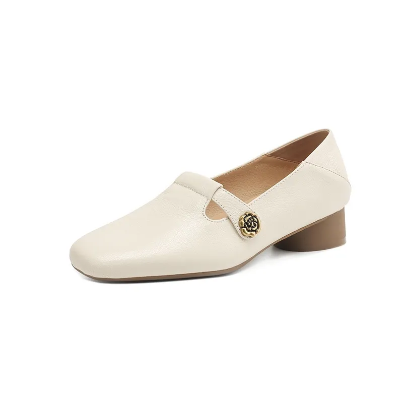 Spring Women's Shoes: Square Toe, Chunky Heel, Low Heel, Comfortable Fashion Shoes in Off-White Sheepskin - Off-white 34