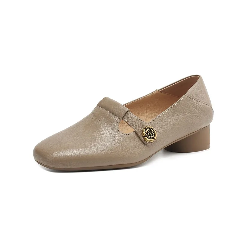 Spring Women's Shoes: Square Toe, Chunky Heel, Low Heel, Comfortable Fashion Shoes in Off-White Sheepskin - Gray 34