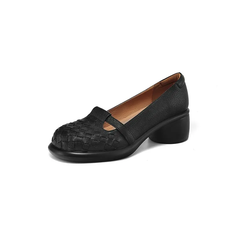 Spring/Summer Round Toe Chunky Heel High-Heeled Single Shoes, Lambskin Fashion Classic Women's Shoes, Black, Apricot - Black 34