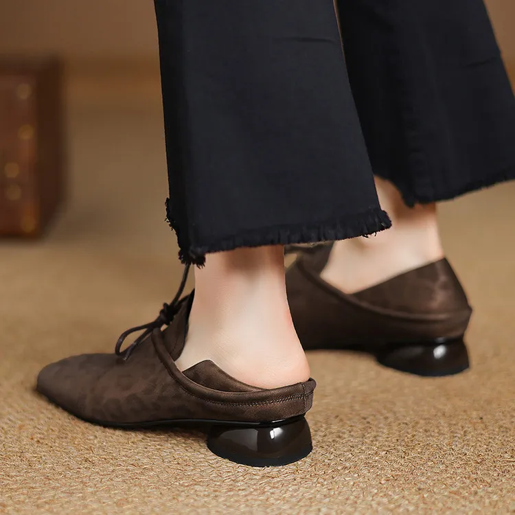 Spring and Autumn Chunky Heel Low Heel Square Toe Lace-up Comfortable Cowhide Women's Shoes Black Brown 22-15c - Leopard print cowhide - brown 34