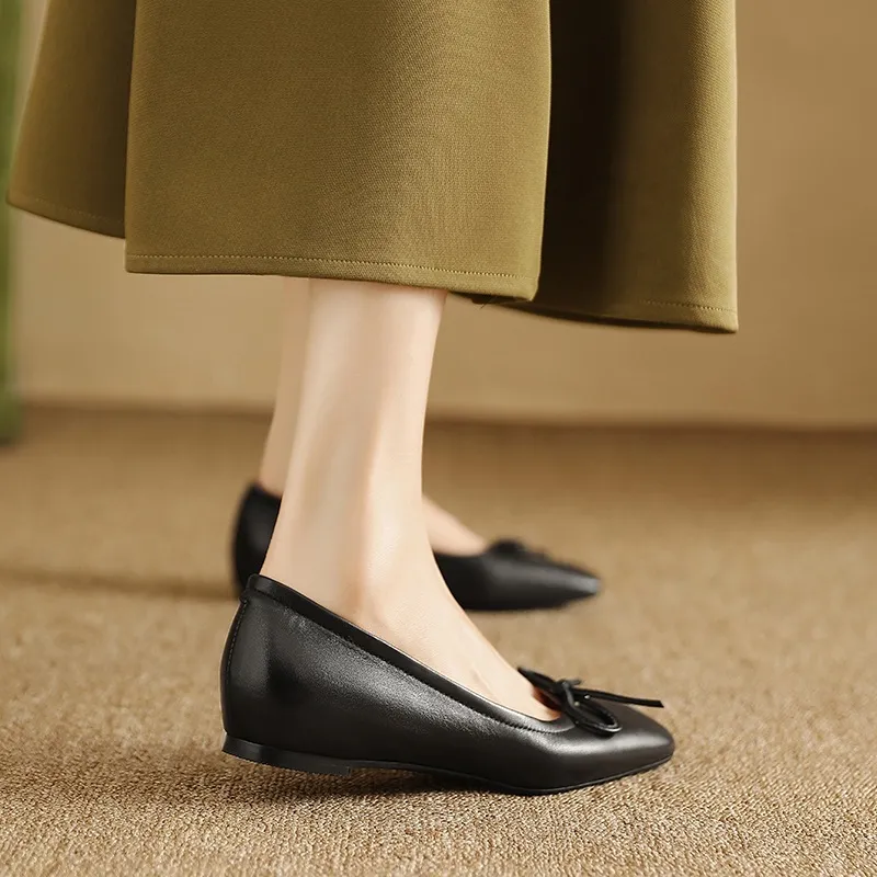 Spring/Summer Square-Toe Flats with Bow Knot, Low-Cut Wedge Heel, Sheepskin Women's Shoes, Lightweight and Soft Oversized Shoes - Black 34