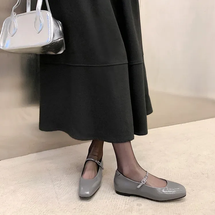 Spring/Summer Square Toe Flat Heel Buckle Shoes, Leather Solid Color Women's Shoes, Black, Red, Gray - Gray 34