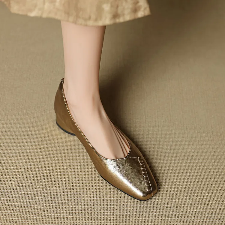Spring/Summer low-cut square-toe fashion women's shoes, chunky heel, mid-heel, gold and black, sizes 22-25f - Gold 34