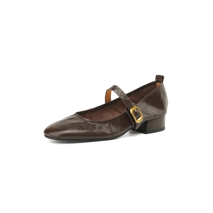 Soft, top-grain sheepskin Mary Jane shoes with chunky heels, flat soles, round toes, and low heels – gentle and elegant women's shoes for evening wear. - Brown 33