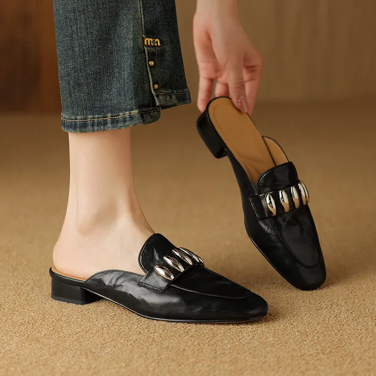 Spring/Summer Round Toe Slippers Chunky Heel Mid Heel Closed Toe Sheepskin Fashion Women's Shoes 22-25n - Black 34