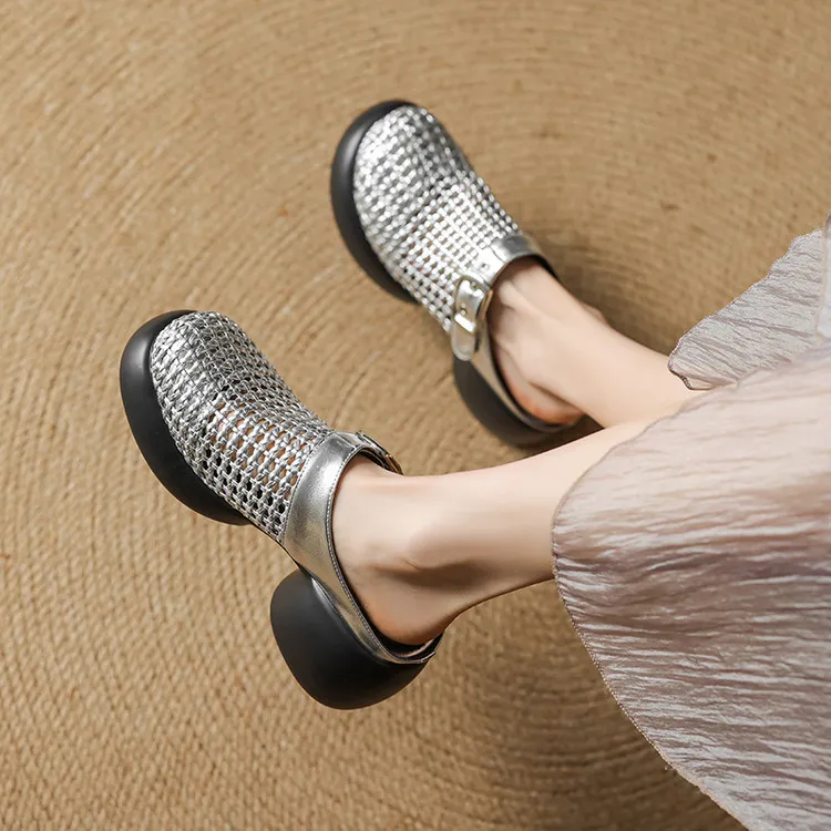 Featured Fashionable Silver Spring/Summer Round Toe Platform Sandals with Chunky Heels, Closed Toe, and Openwork - Comfortable Women's Shoes - Silver 33