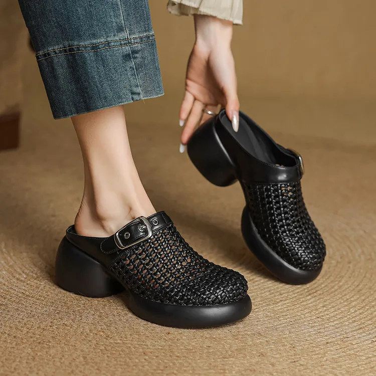 Featured Fashionable Silver Spring/Summer Round Toe Platform Sandals with Chunky Heels, Closed Toe, and Openwork - Comfortable Women's Shoes - Black 33