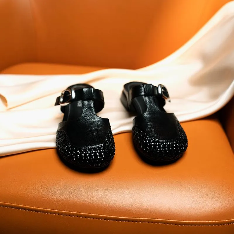Summer slippers, round toe, chunky heel, mesh, fashionable and comfortable women's shoes, silver and black. - Black 34