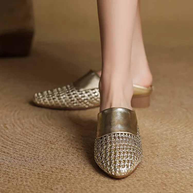 Spring/Summer Round Toe Closed-Toe Slippers Chunky Heel High Heel Openwork Fashion Women's Shoes 33-18f - Gold 34