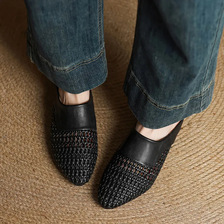 Spring/Summer Round Toe Closed-Toe Slippers Chunky Heel High Heel Openwork Fashion Women's Shoes 33-18f - Black 34