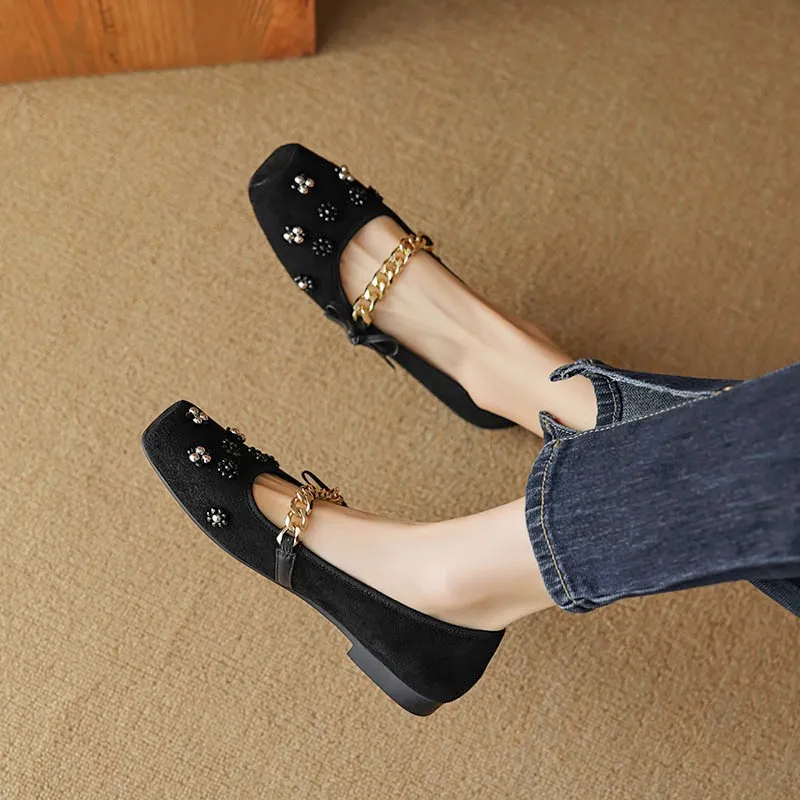 Very soft, retro, versatile low-heeled Mary Jane shoes, Chinese style, square toe, beaded flowers, metal chain. - Black 34