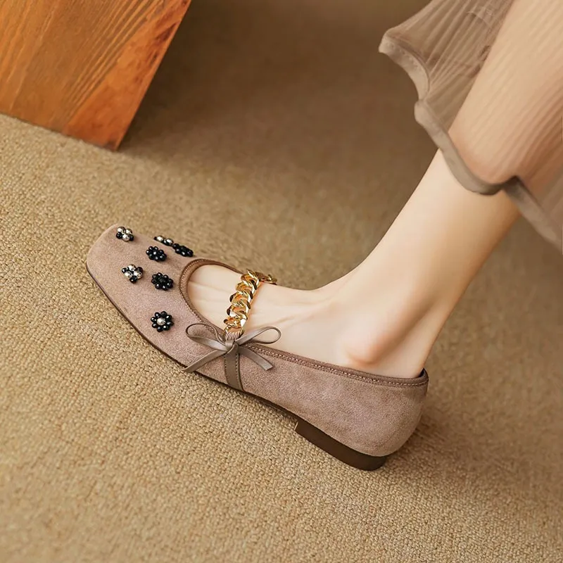 Very soft, retro, versatile low-heeled Mary Jane shoes, Chinese style, square toe, beaded flowers, metal chain. - Apricot 34