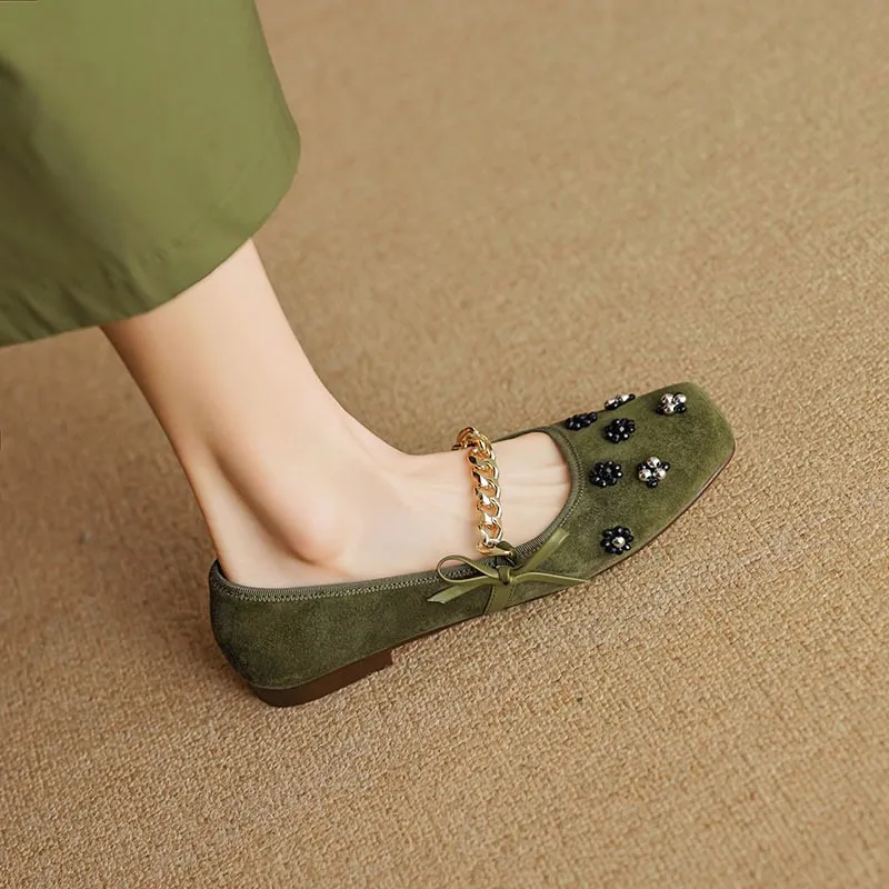 Very soft, retro, versatile low-heeled Mary Jane shoes, Chinese style, square toe, beaded flowers, metal chain. - Green 34