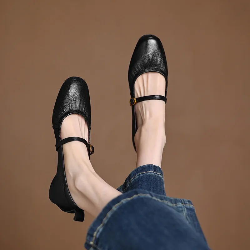 Women's Mary Jane shoes (sizes 34-42), spring and autumn style, low-cut, round toe, chunky heel, one-strap, sheepskin strap. - Black sheepskin flats Size 34