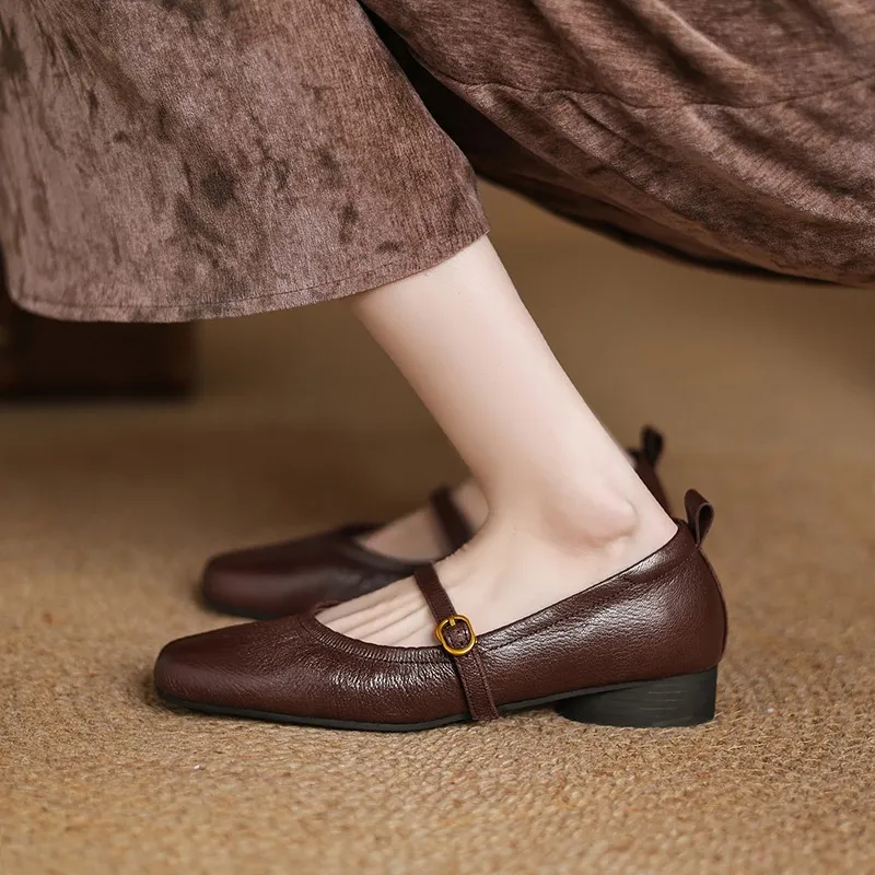 Women's Mary Jane shoes (sizes 34-42), spring and autumn style, low-cut, round toe, chunky heel, one-strap, sheepskin strap. - Brown sheepskin flats Size 34