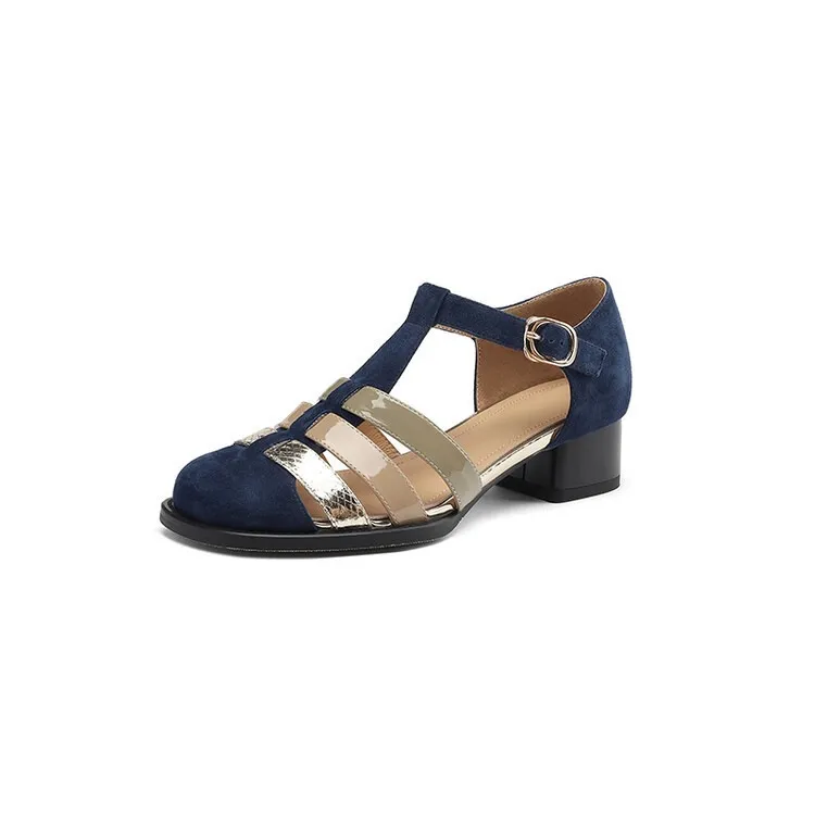 Women's hollowed-out pig cage shoes, trendy spring and summer genuine leather high-heeled sandals, chunky heels, color-blocked T-strap high and low heels. - Blue 3.5cm low heels Size 34