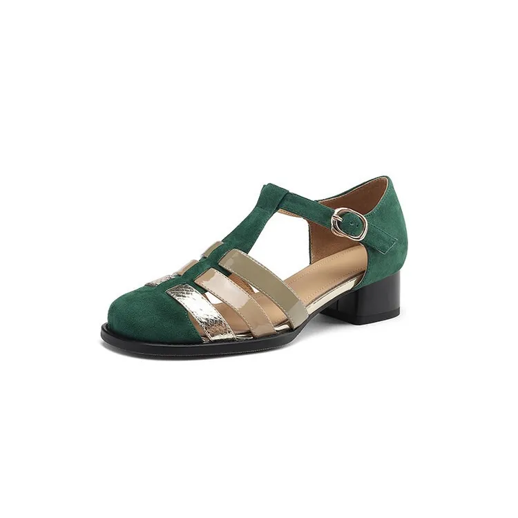 Women's hollowed-out pig cage shoes, trendy spring and summer genuine leather high-heeled sandals, chunky heels, color-blocked T-strap high and low heels. - Green 3.5cm low heel Size 34