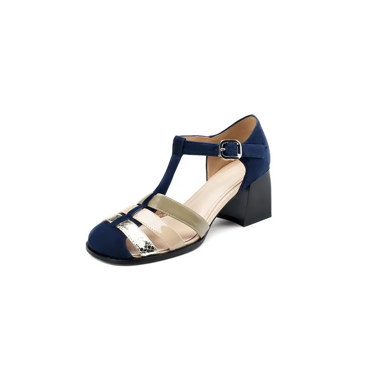 Women's hollowed-out pig cage shoes, trendy spring and summer genuine leather high-heeled sandals, chunky heels, color-blocked T-strap high and low heels. - Blue 6cm high heels Size 34