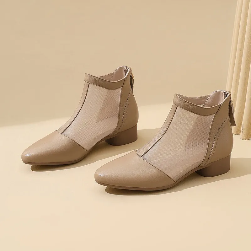 Soft-soled sheepskin retro hollowed-out breathable mesh sandals, summer flat ankle boots, spring and autumn single boots, women's shoes - Apricot 34