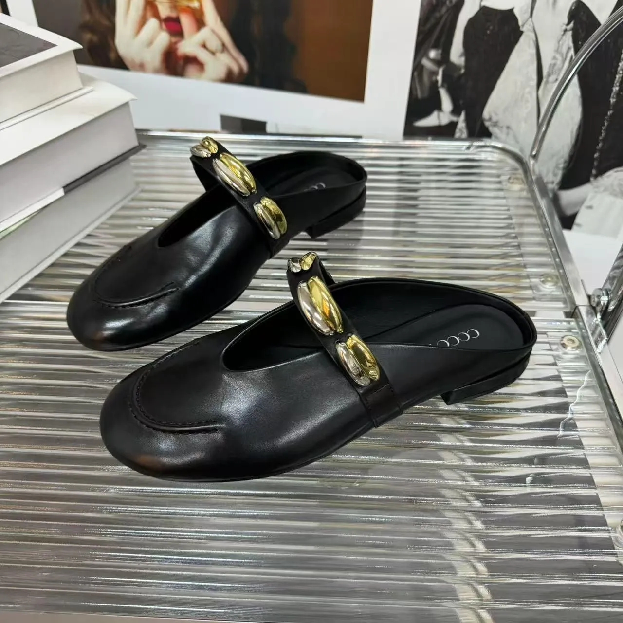 Spring/Summer Chunky Heel Low Heel Round Toe Slippers Everyday Solid Color Soft Leather Women's Shoes - Black 34