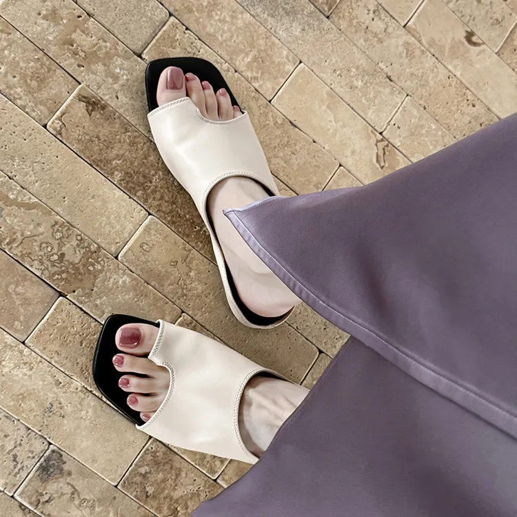 Spring/Summer Square Toe Slippers, Comfortable Sheepskin Fashion Women's Shoes 04-05a - White 34
