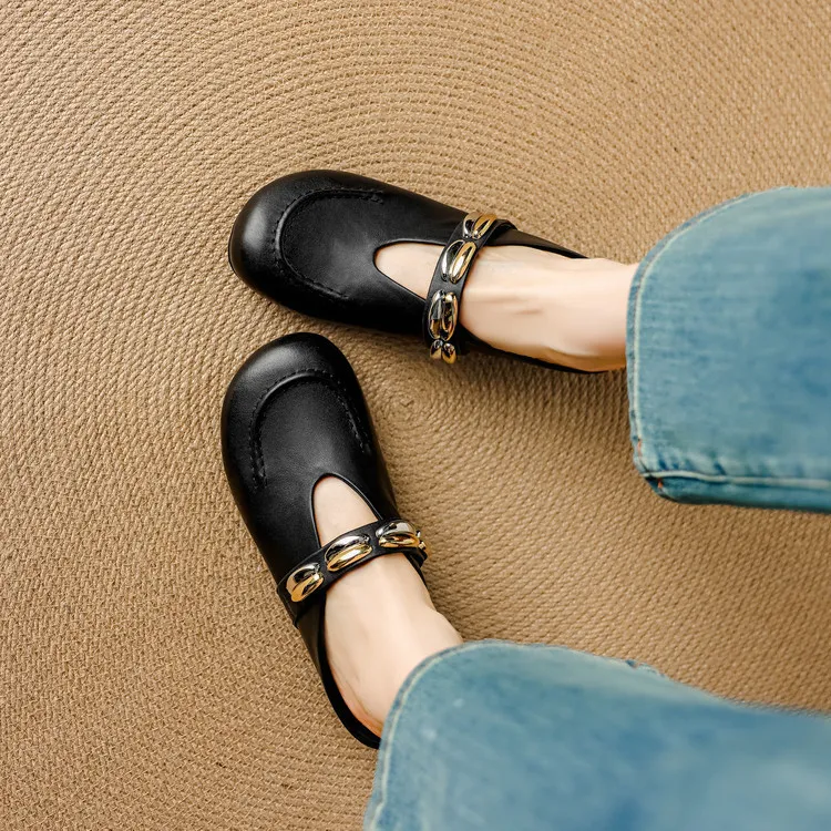 Spring/Summer Round Toe Slippers Flat Mary Jane Leather Women's Shoes Black and Off-White 04-05r - Black 34