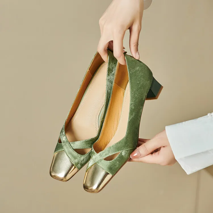 Fashionable Spring and Autumn Square Toe Hollow Out Single Shoes Chunky Heel High Heel Slip-on Chanel Style Cropped Shoes Women's 04-05x - Green 34