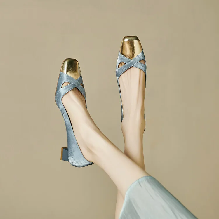 Fashionable Spring and Autumn Square Toe Hollow Out Single Shoes Chunky Heel High Heel Slip-on Chanel Style Cropped Shoes Women's 04-05x - Blue 34