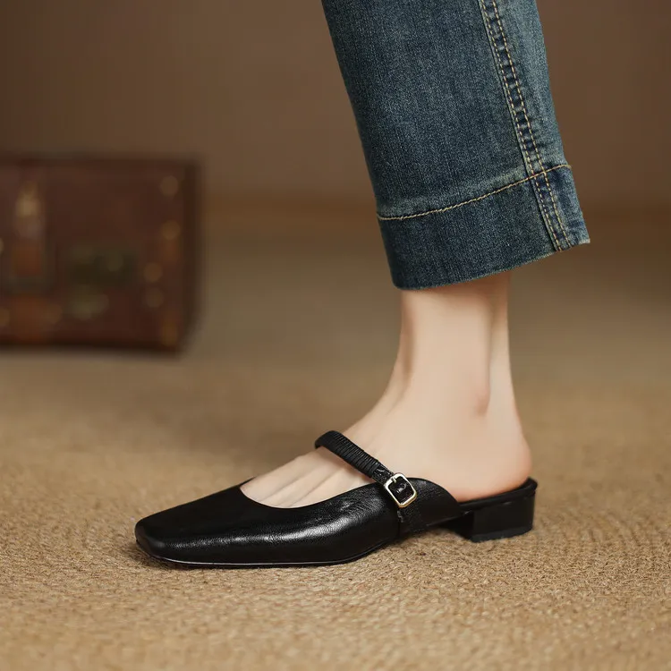 Spring/Summer Low-Heeled Flat Square-Toe Sheepskin Fashion Women's Shoes 04-05y - Black 34