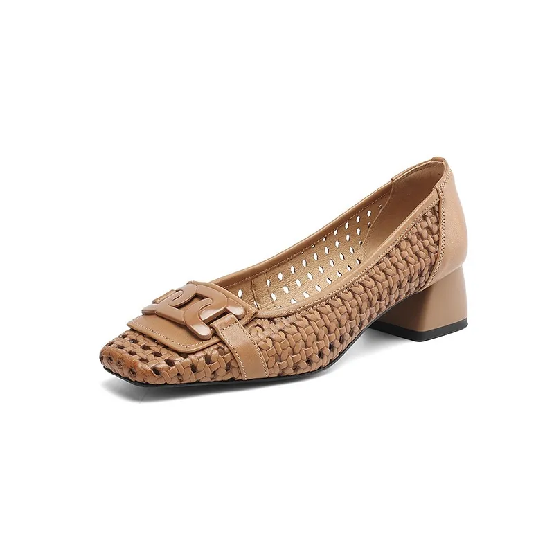 Our top-selling spring/summer style square-toe chunky heel women's shoes with hollowed-out solid color and comfortable cowhide leather. - Light brown 34