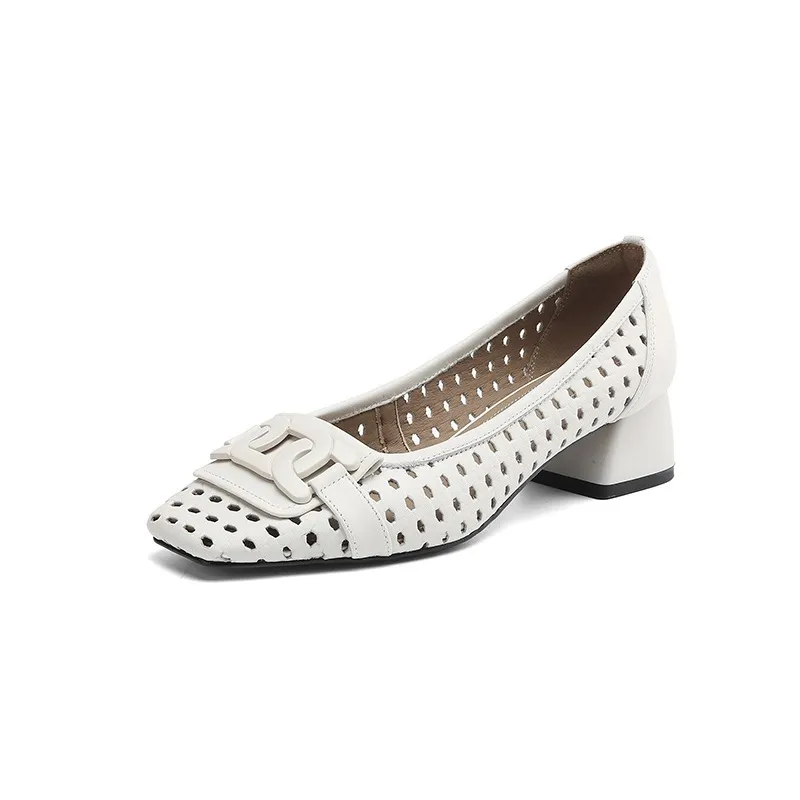 Our top-selling spring/summer style square-toe chunky heel women's shoes with hollowed-out solid color and comfortable cowhide leather. - Off-white 34