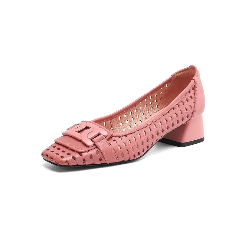 Our top-selling spring/summer style square-toe chunky heel women's shoes with hollowed-out solid color and comfortable cowhide leather. - Pink 34
