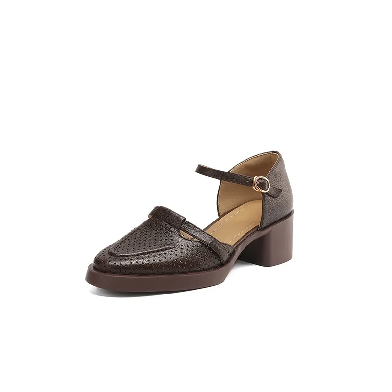 Spring/Summer Round Toe Sandals with Hollow Out Buckle and Perforated Sheepskin Fashion Women's Shoes - Brown 34
