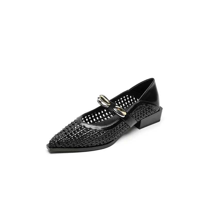 Spring/Summer Openwork Sandals with Rivets, Pointed Toe, Chunky Heel, Comfortable Women's Shoes - Black 34