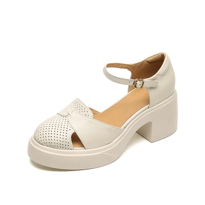 Spring/Summer Buckle Sandals, Thick Sole, Chunky Heel, High Heel, Round Toe, Comfortable Women's Shoes - Off-white 34