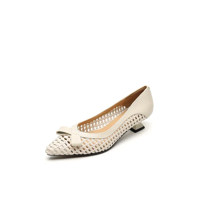 Spring/Summer Pointed Toe Flats Kitten Heel High Heels Bow Hollow Out Leather Fashion Women's Shoes - Off-white 34