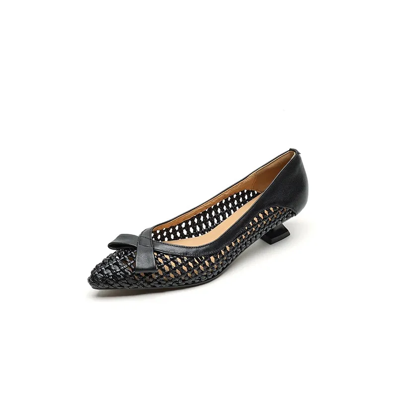 Spring/Summer Pointed Toe Flats Kitten Heel High Heels Bow Hollow Out Leather Fashion Women's Shoes - Black 34