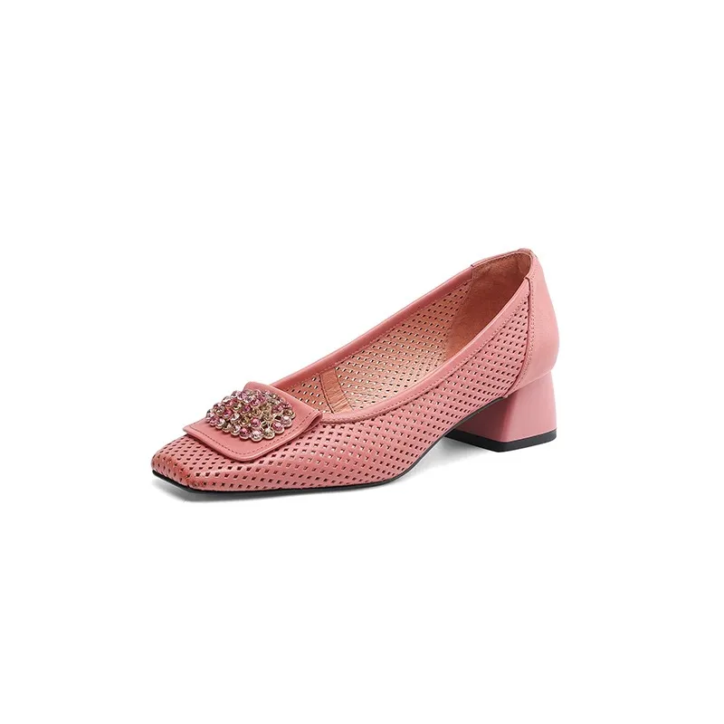 Spring/Summer Square Toe Chunky Heel High Heel Flats with Hollow Out Rhinestones and Cowhide Fashion Shoes for Women - Pink 34