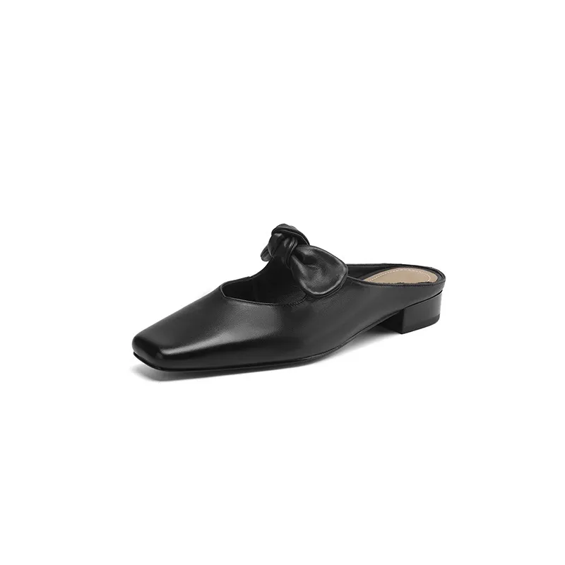 Spring/Summer Slippers, Square Toe, Bow, Chunky Heel, Mid-Heel, Fashionable Women's Shoes, Simple and Comfortable - Black 34