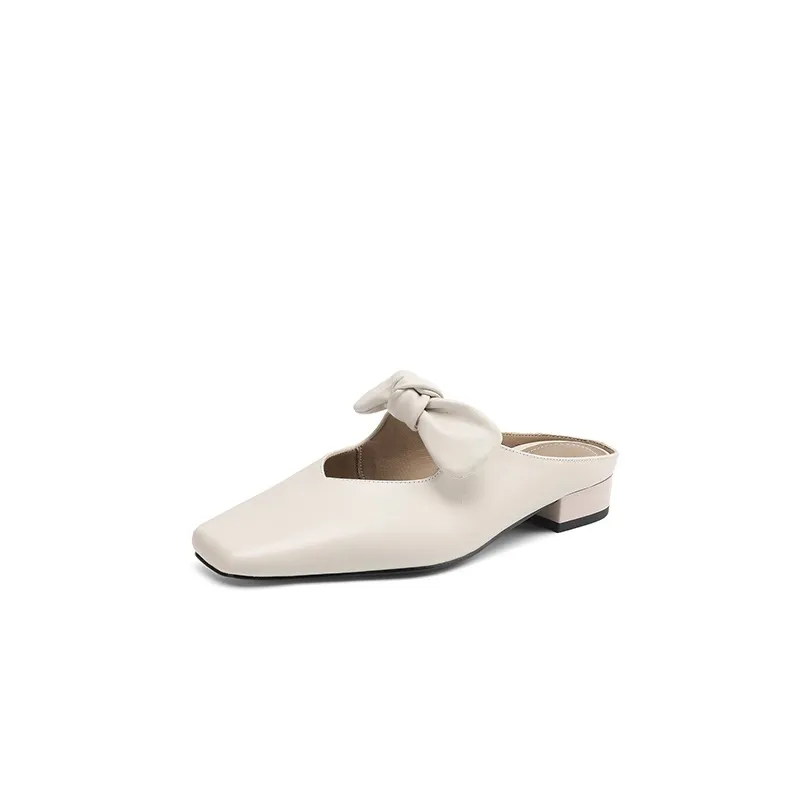 Spring/Summer Slippers, Square Toe, Bow, Chunky Heel, Mid-Heel, Fashionable Women's Shoes, Simple and Comfortable - Off-white 34
