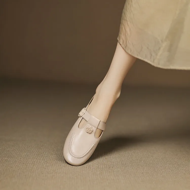 Recommended in-stock spring/summer round-toe slippers, closed-toe flat wedge heels, cowhide women's shoes, 4-20g - Off-white 34